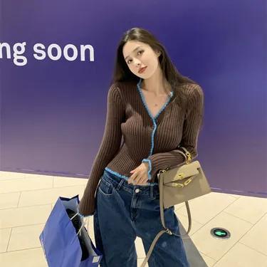 브이넥 배색 스티치 골지 니트 크롭 가디건