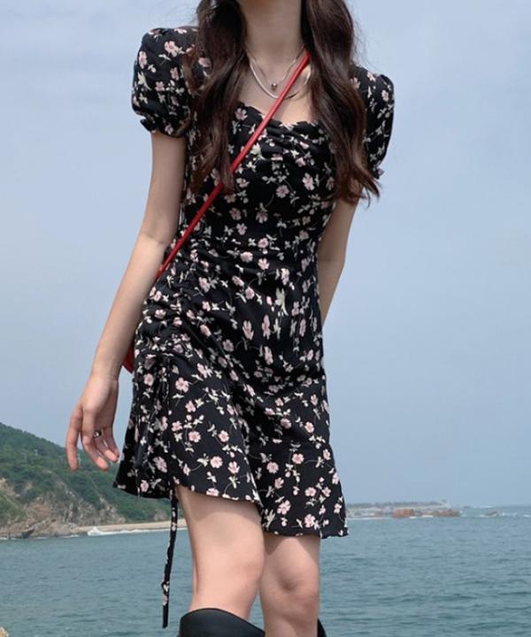 무료배송 레트로 스퀘어넥 플라워패턴 퍼프 반팔 여름 미니원피스 (블랙) #옆트임