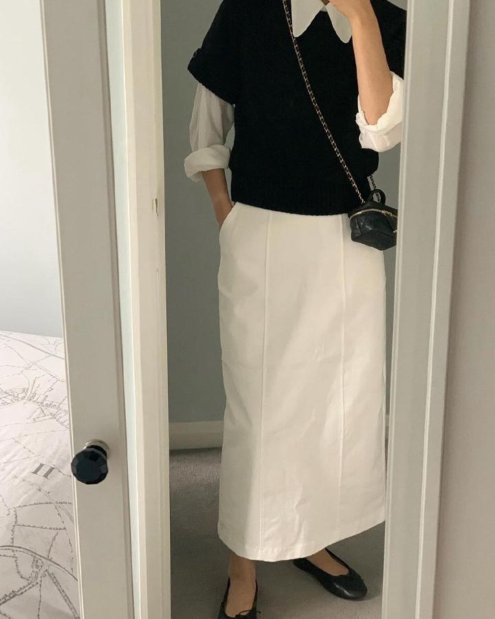 디투링크 (당일일부)런던레이스 어텀 코튼 롱 스커트 심플 에이치라인 날씬핏 쫀쫀 면스판 치마(84614)