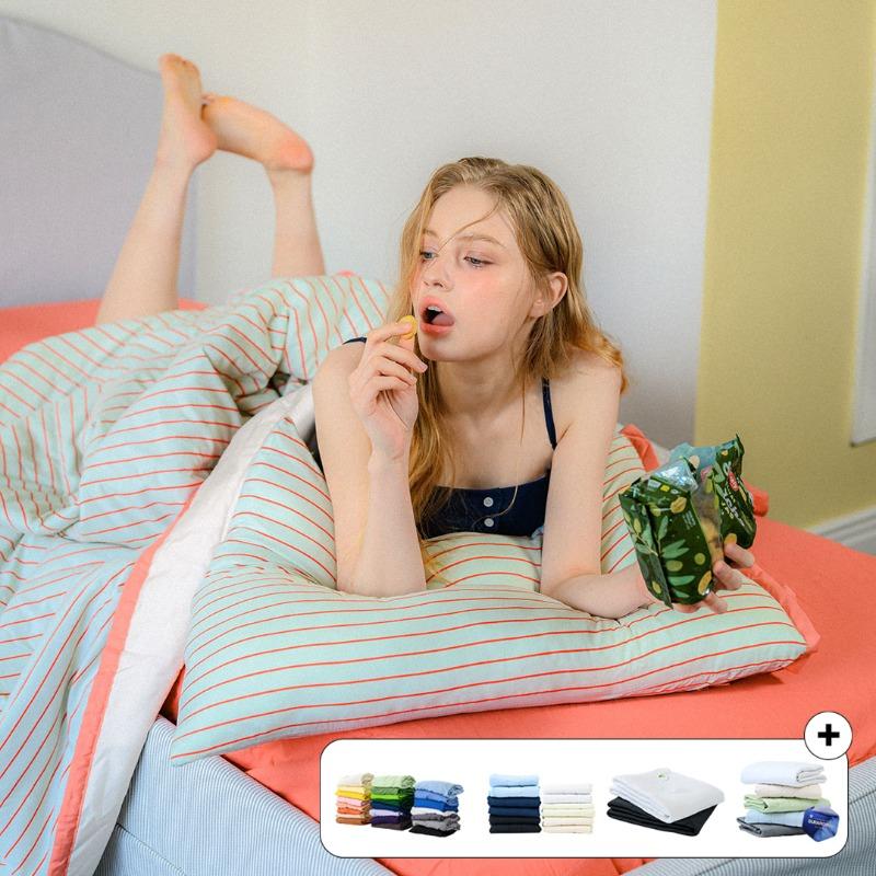 [비밀링크/풀세트] 에센셜 스트라이프 듀라론 냉감 여름 이불베개세트 + 매트커버or여름 침대패드SS/Q 5컬러