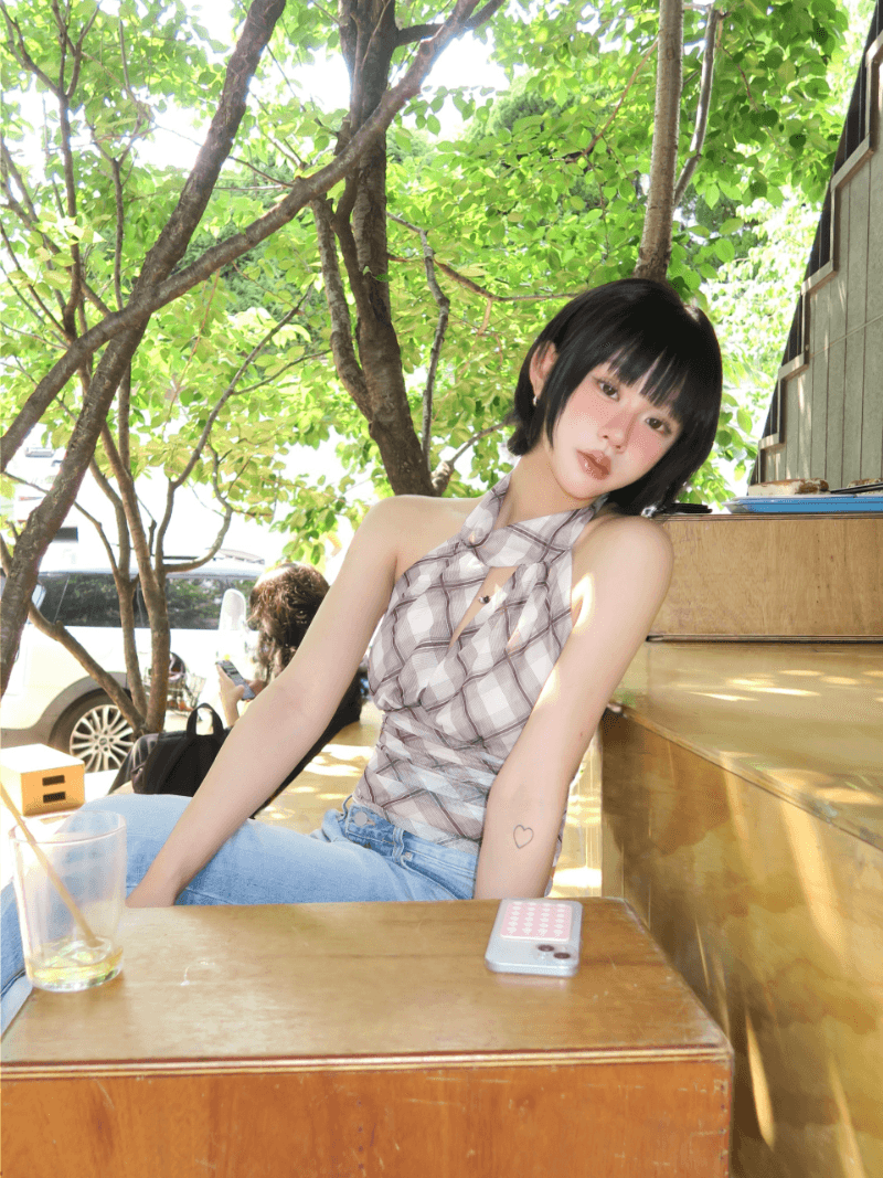 Satin Halter Check Off Bl