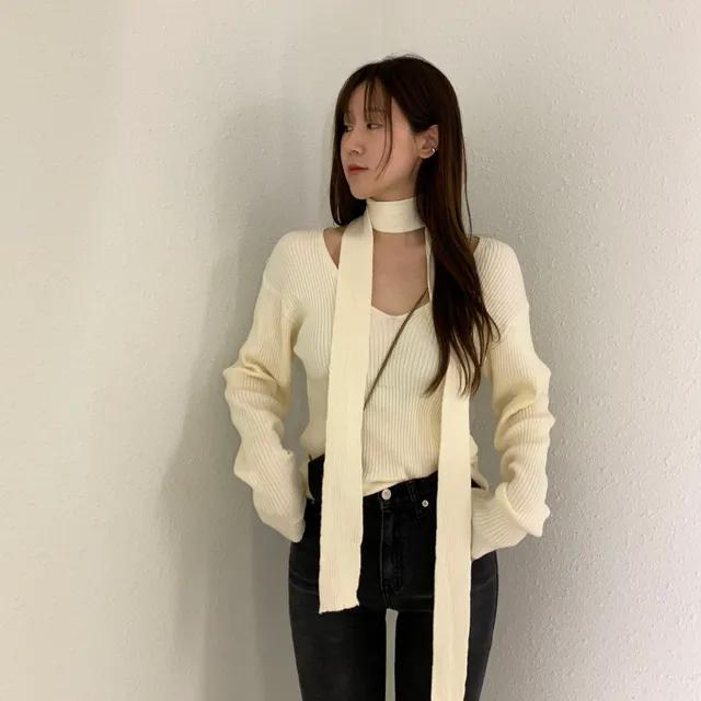 칩 스카프 머플러 타이 브이넥 골지 니트