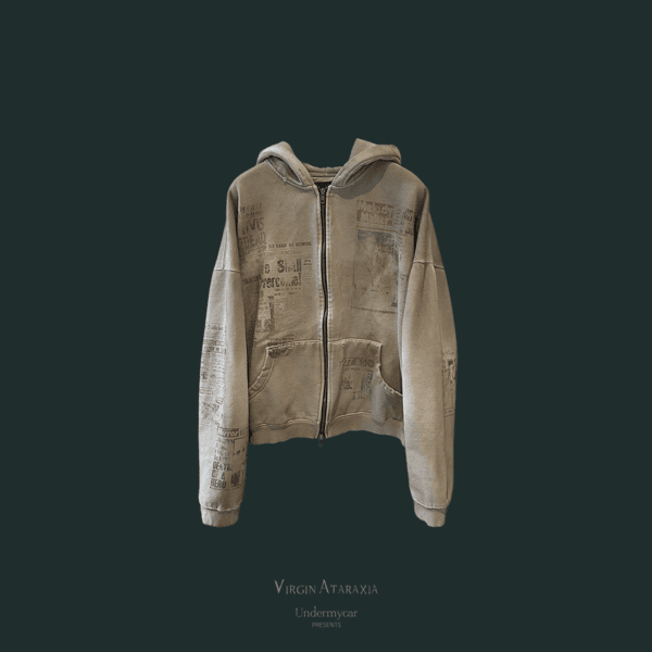 25SS OLD FADED NEWSPAPER VINTAGE ZIPPED HOODIE - TAN