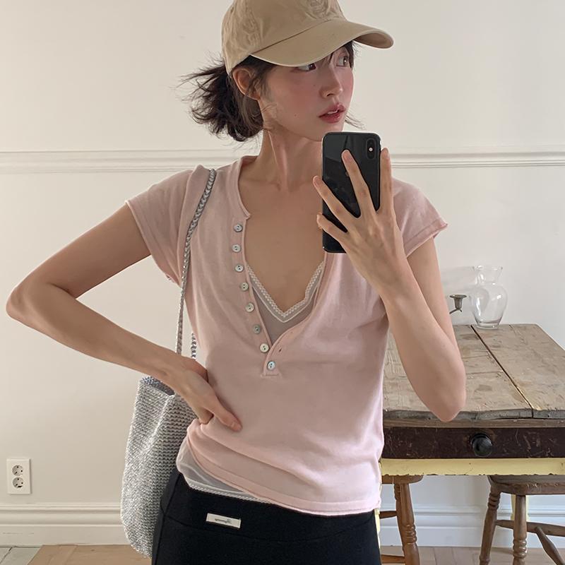 프롬비기닝 레이어 버튼 브이 반팔 니트 (반팔니트 니트 브이넥니트 여름니트 레이어드 나시 가디건 셔츠 데일리룩 하객룩)