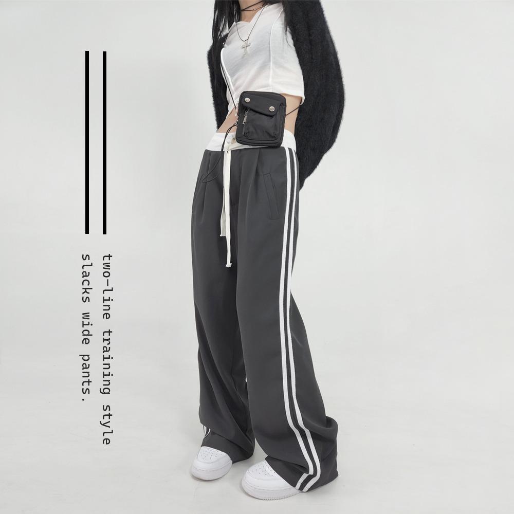 애쉬블랙 두줄 일자핏 배색 트레이닝 슬랙스 롱 와이드팬츠