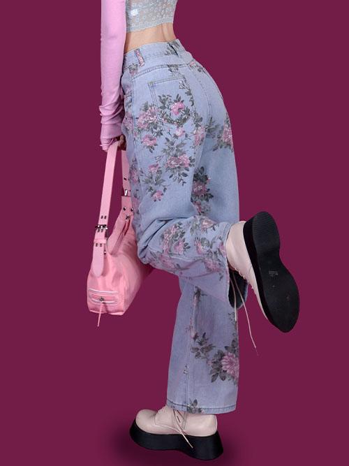 pink flower denim pants