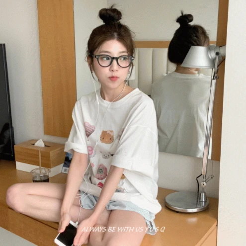 다마고치 키티 반팔 티셔츠 T / 루즈핏 프린팅 라운드넥