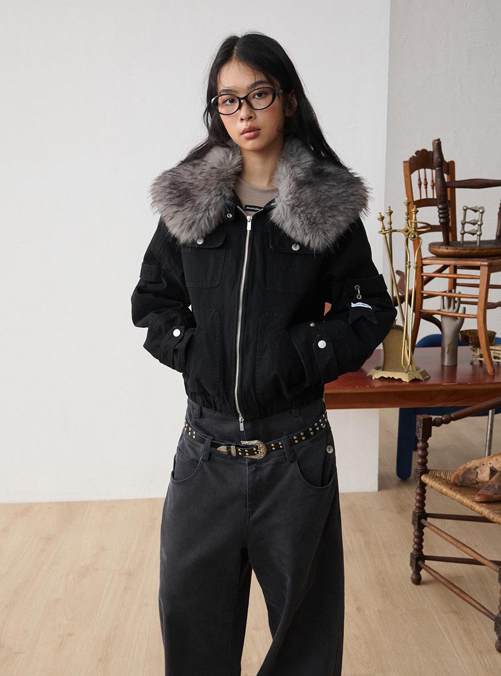 Faux Raccoon Fur Trim Cotton Field Jacket