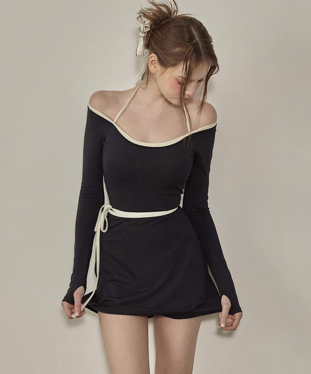 비키니밴더 심플 배색 바인딩 랩 스커트 - BLACK