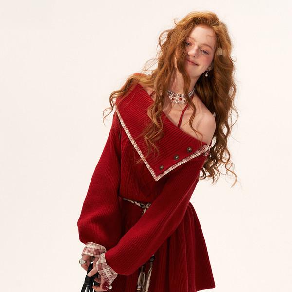 Red Button Collar Cable Knit Dress