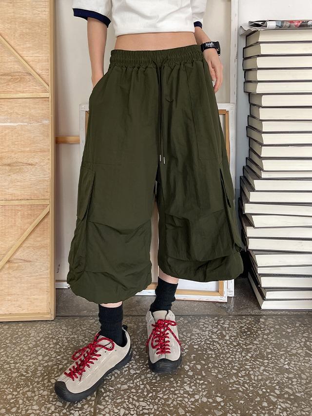 빅사이즈 S-2XL 체셜 나일론 스트링 버뮤다 와이드 카고 밴딩 팬츠 반바지