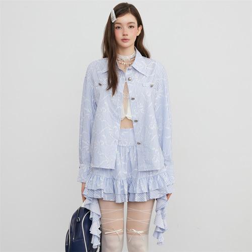프레피 발레코어룩 블루 스트라이프 셔츠 스커트 세트