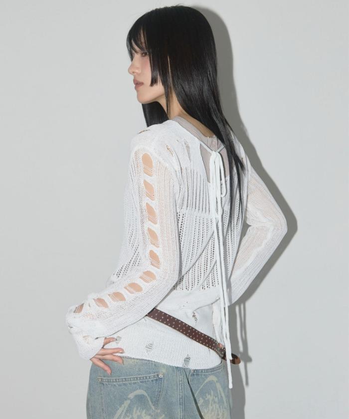 2-WAY DAMAGE KNIT LONG SLEEVE (WHITE) F25QB089