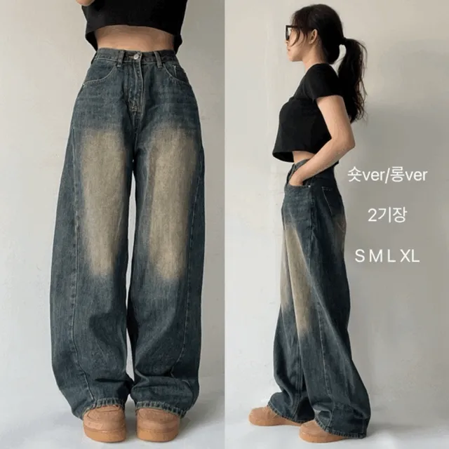 빠른출고🚀4계절&융기모VER🔥/~XL,숏&롱/빈티지색감/핏보장💗벌룬핏 절개라인 워싱 와이드 롱 데님 팬츠 6color