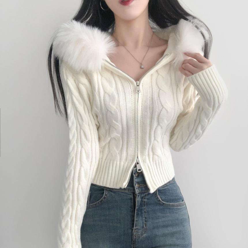리리의감각 [풍성퍼 / 뭉침X 부드러움] 백설공주 만들어주는 낭낭 퍼후드, 꽤배기 니트 크롭 투웨이 가디건 집업