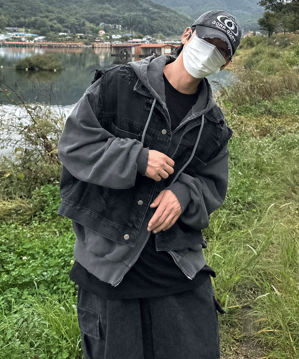 세미크롭 빈티지 데님 조끼 2C