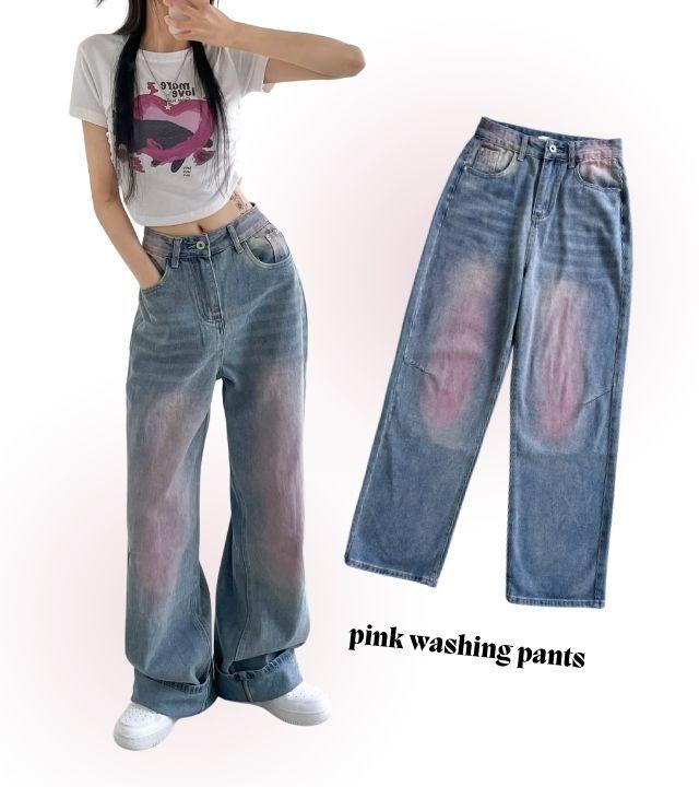 [돌핀 핑크] 키큰녀 주목, 기장감 좋은 핑크 캣워싱 와이드 사계절 데님 팬츠