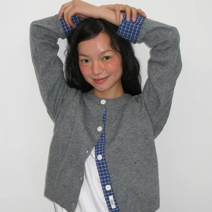 CHECK SHIRT POINTED KNIT CARDIGAN GREY