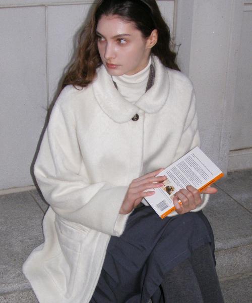 헤어리 라운드 카라 울 하프 코트 ( 아이보리 )