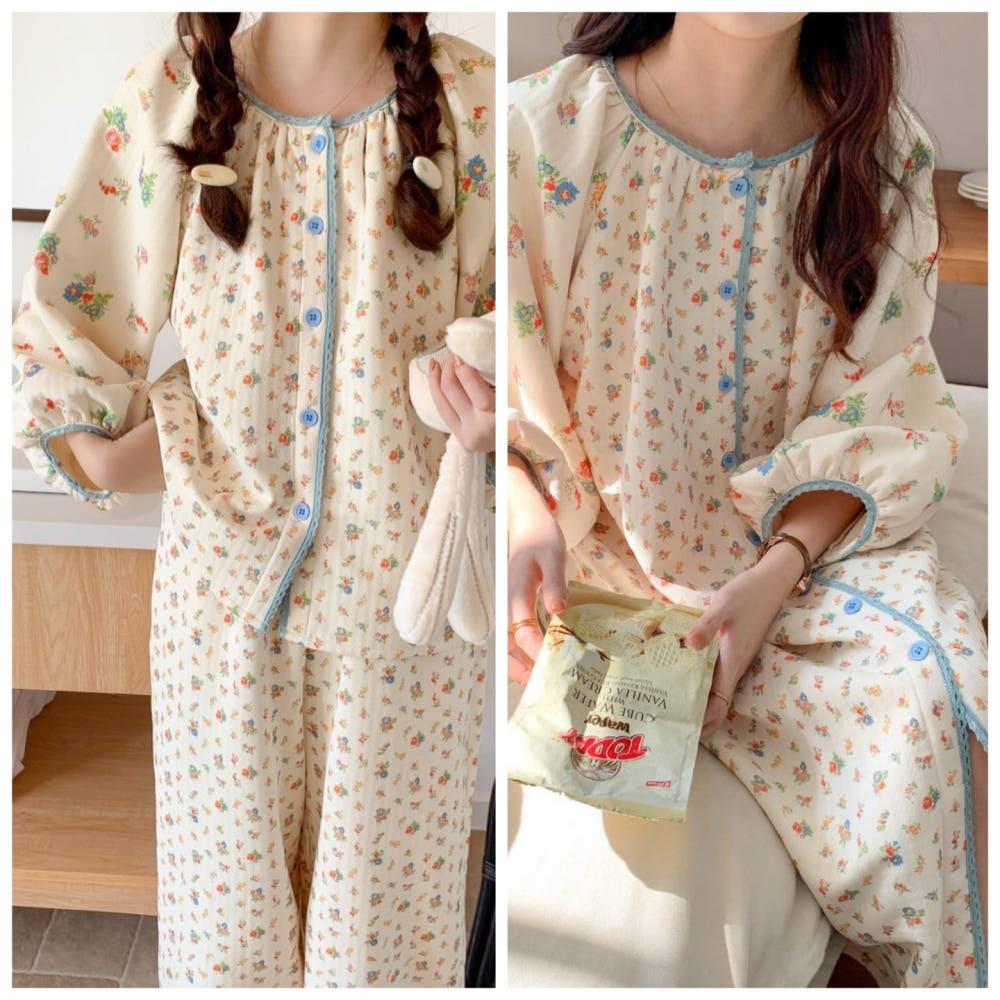 (강추) 스위스 플로랄 누빔 플라워 원피스 잠옷 여성 겨울 엠보 공주 투피스 퀼팅 파자마 세트 꽃무늬 수면 홈웨어