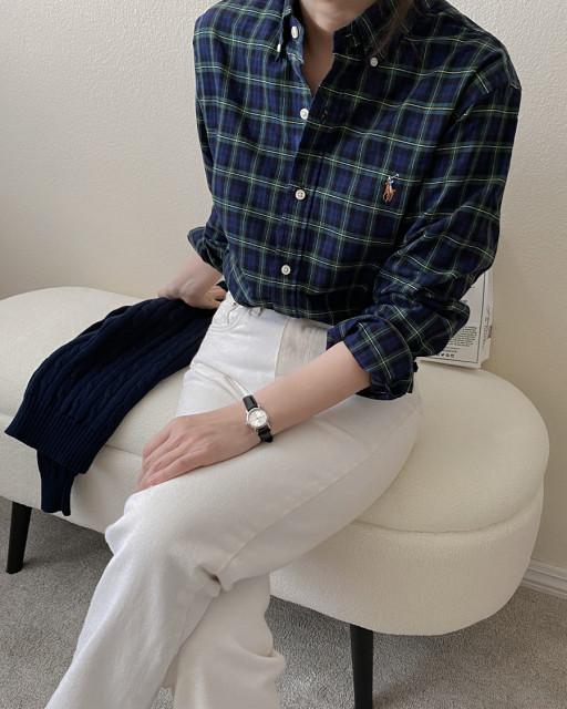 폴로랄프로렌 남녀공용 슬림핏 멀티포니 그린체크 셔츠