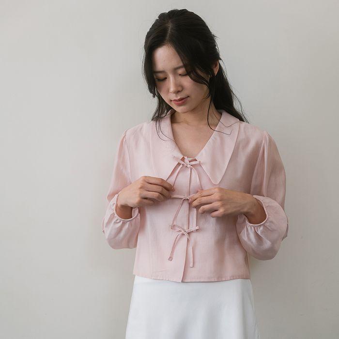 Semi Crop Ribbon Blouse - Pink