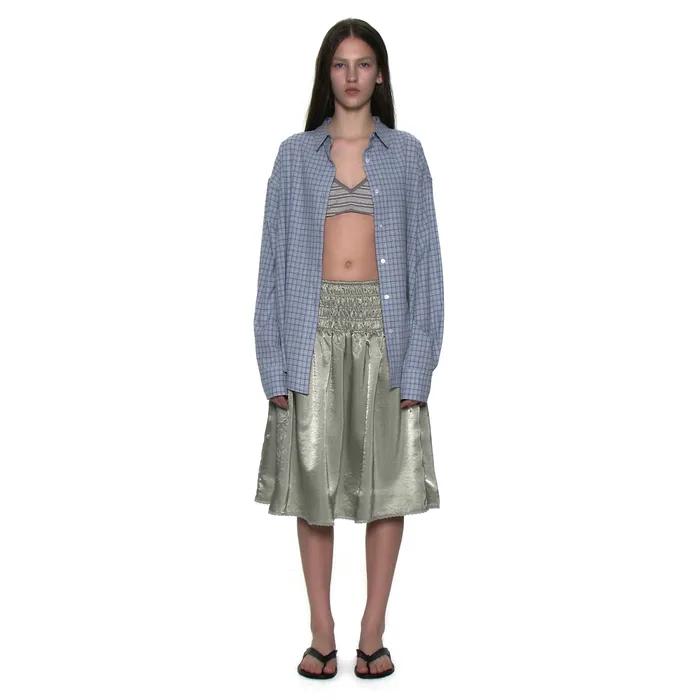 LACE TRIM SMOCKING MIDI SKIRT_KHAKI GREEN