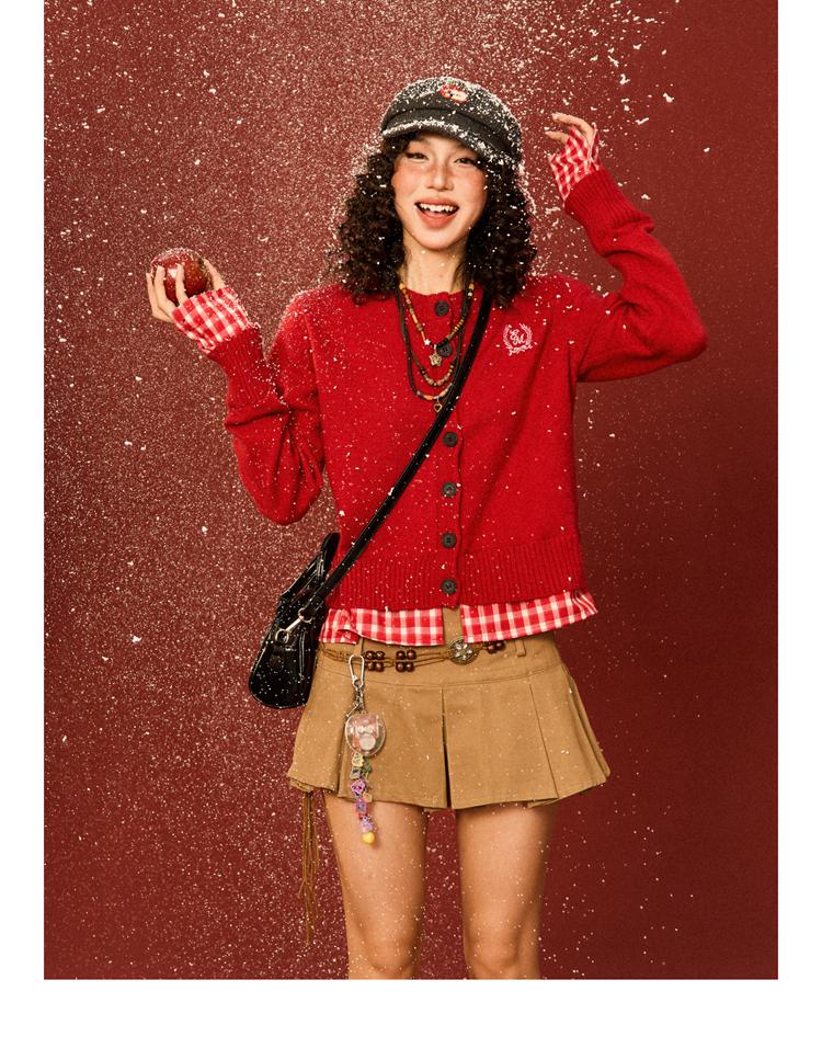 YOUNG STAGE Fake Check Patchwork Logo Cardigan (2color)