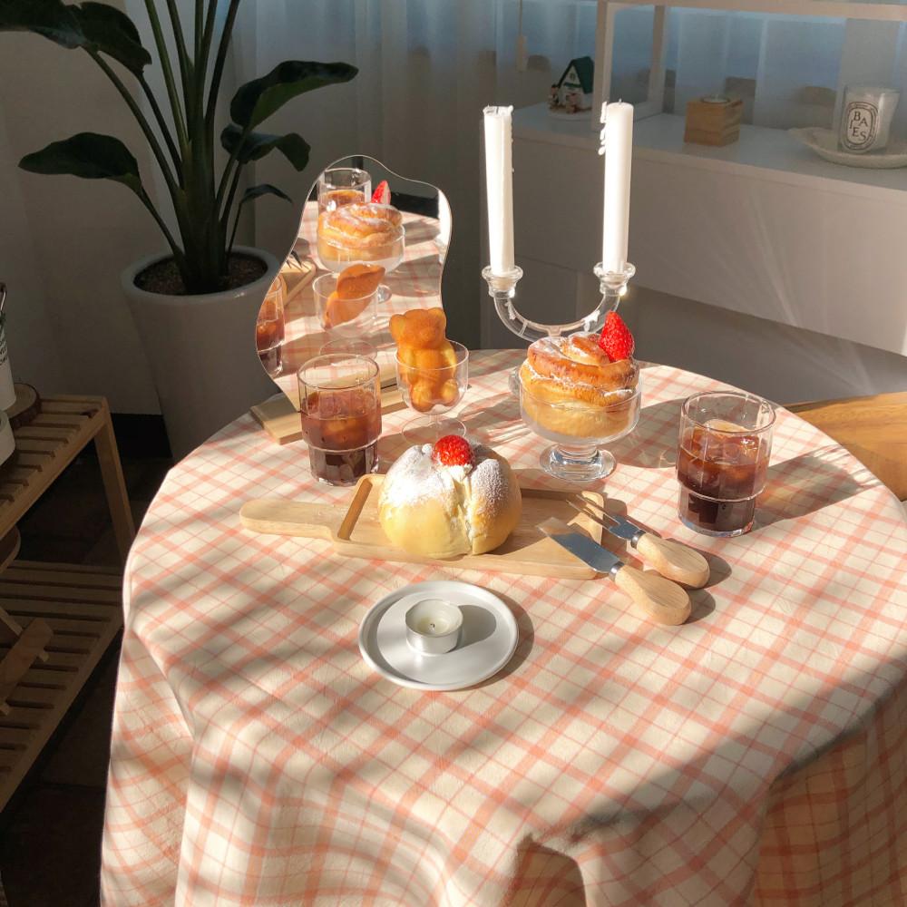핑크 살구 체크 테이블보 3size