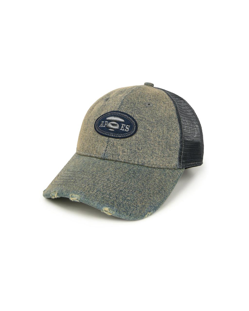 Moonface logo distressed denim cap