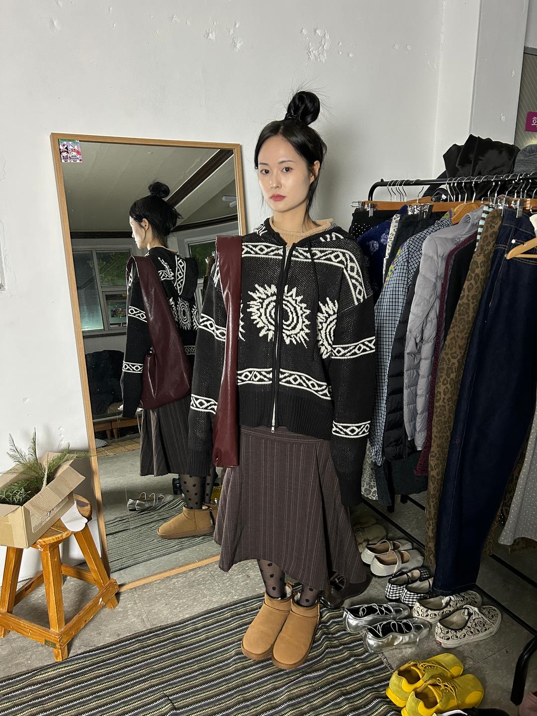 가든페이지 mist snow hood knit zip-up