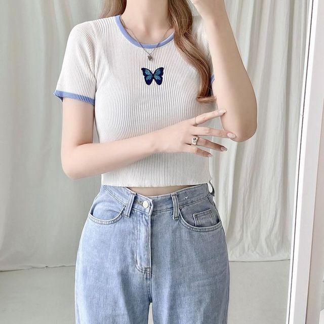 [하이틴룩/졸귀템] 하이틴 나비 배색 골지 반팔니트 2color