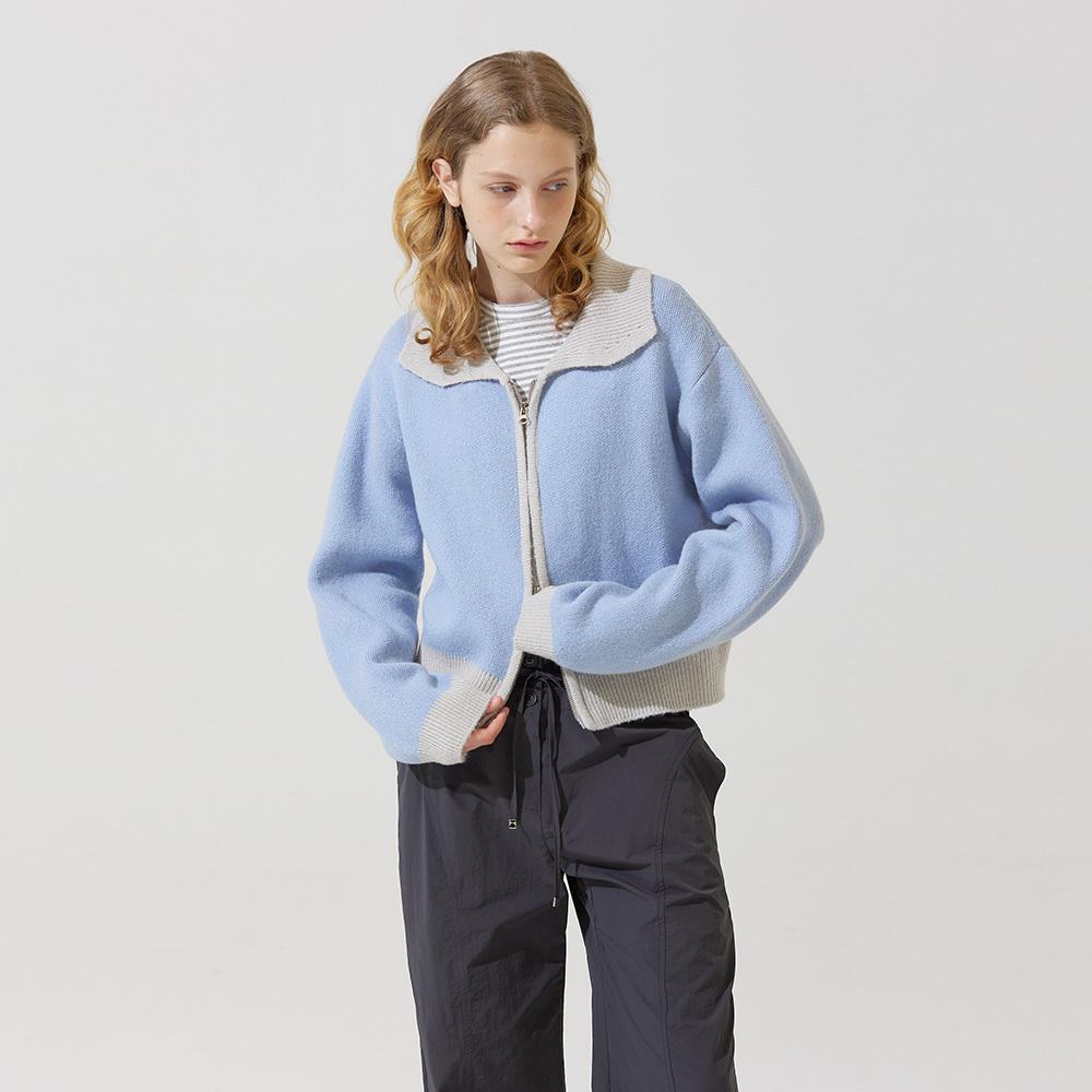 Oui coloring knit zip up cardigan - skyblue