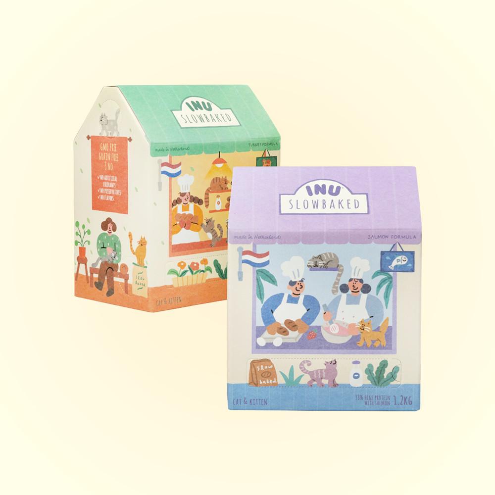 아이누슬로우베이크드 캣앤키튼 1.2kg/2.4kg 연어/칠면조 기호성 고양이사료 소분포장사료 숨숨봉투
