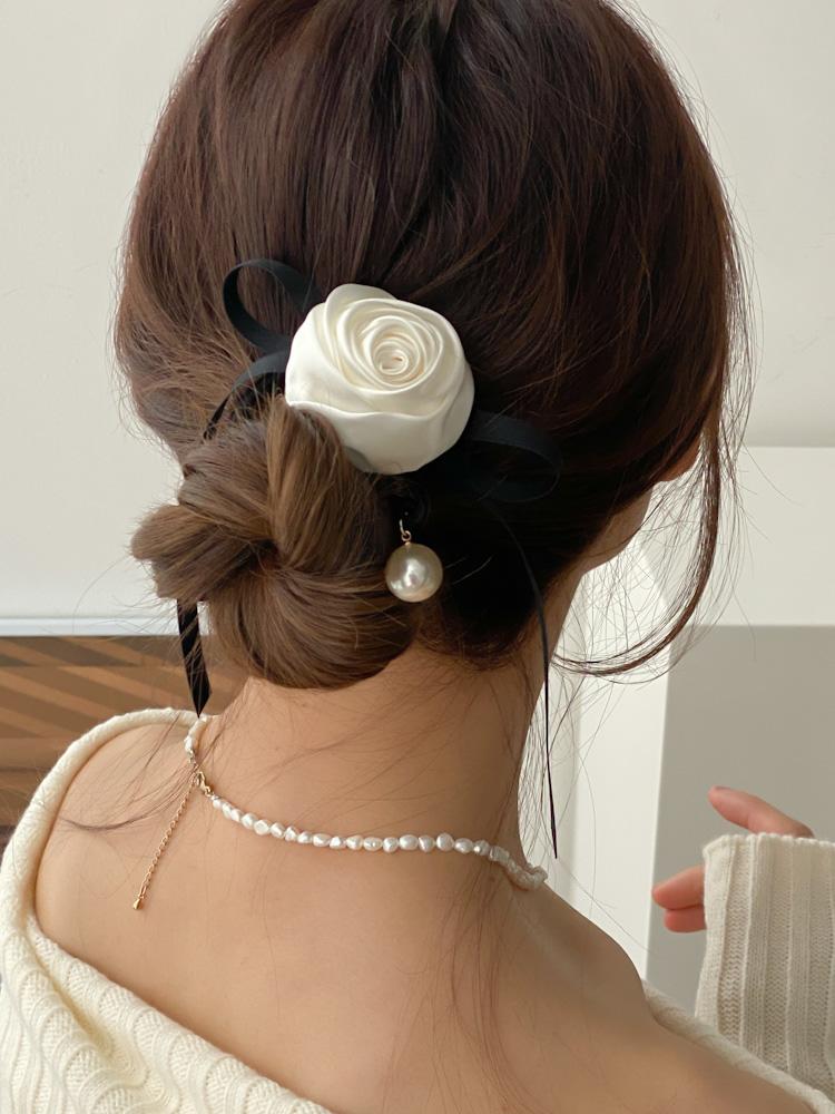 발레리본장미 진주 헤어 머리끈 2color