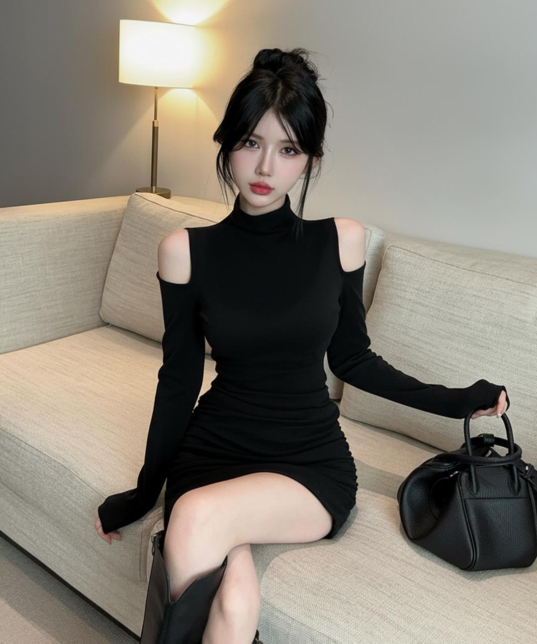 로스트체리 [몸매보정핏🖤/옆셔링] 포트만 컷아웃 오프숄더 반목 폴라 블랙 미니 원피스