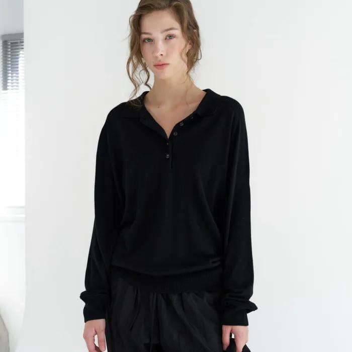 WOOL SILK POLO KNIT / BLACK