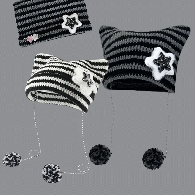 🖤당일출고/추석특가🖤 y2k 스트라이프 레트로 힙한 방울 털모자 니트 뜨개 비니 볼리