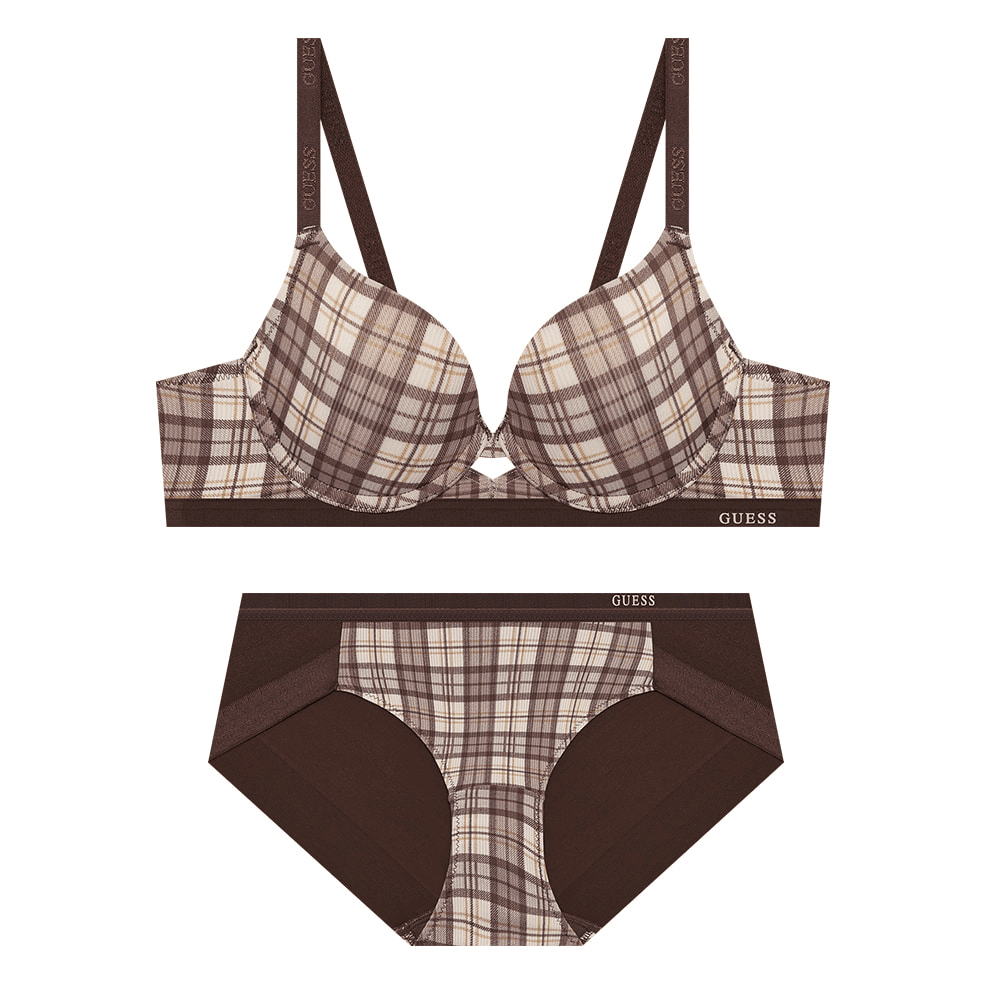 코지 체크 패턴 골지 브라 - 브라운