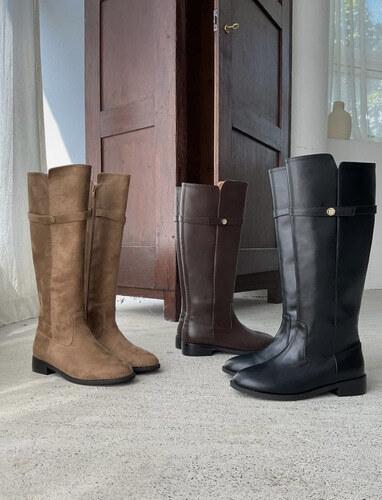 바비뷰 [인기] 통 넓은 골드버튼 3cm 스웨이드 벨트 통굽 롱 부츠 / 빅사이즈추가