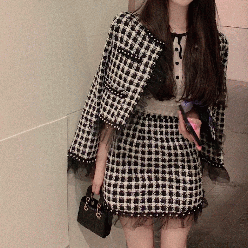 쉬폰 프릴 피쉬테일 체크 트위드자켓 + a라인 트위드스커트 투피스 셋업 봄 가을 겨울 신상 러블리 페미닌 데이트룩 여친룩 하객룩 결혼식