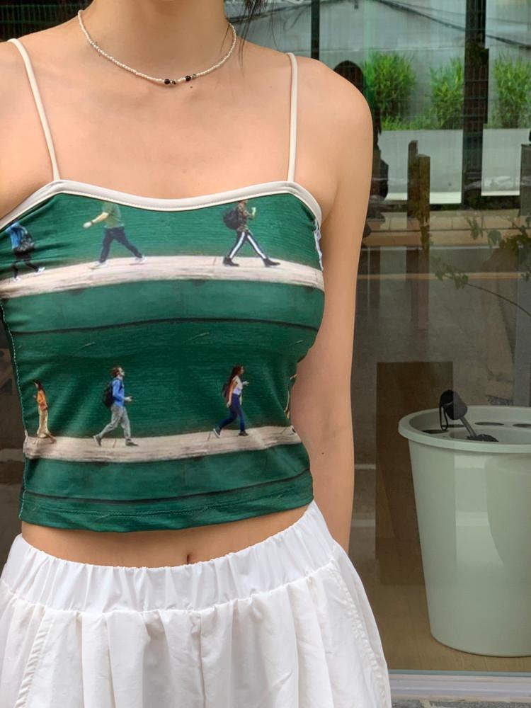 여자 워킹 그린 끈 스트랩 탑 캡 나시 비치웨어