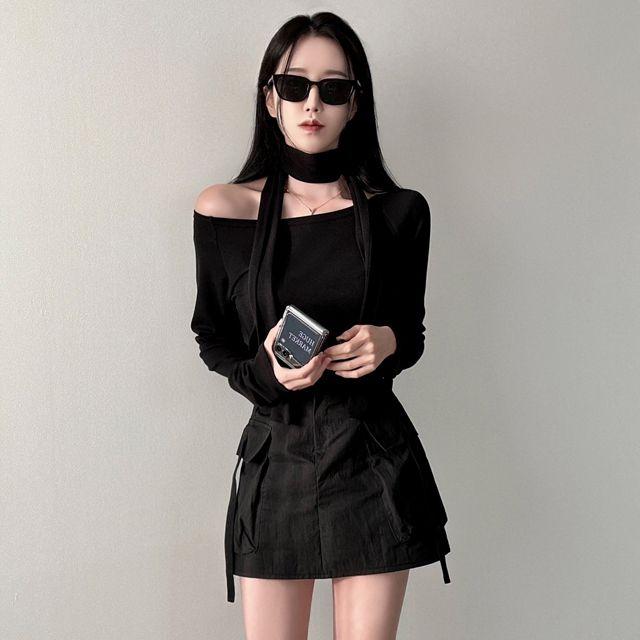 [페미닌/여리여리~] 씨엘 스카프 오픈숄더 보트넥 긴팔 티셔츠 - t_휴지마켓