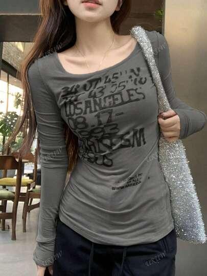 레트로 아메리칸 프린트 긴팔 피팅 티셔츠 여성용, 레이어드 탑