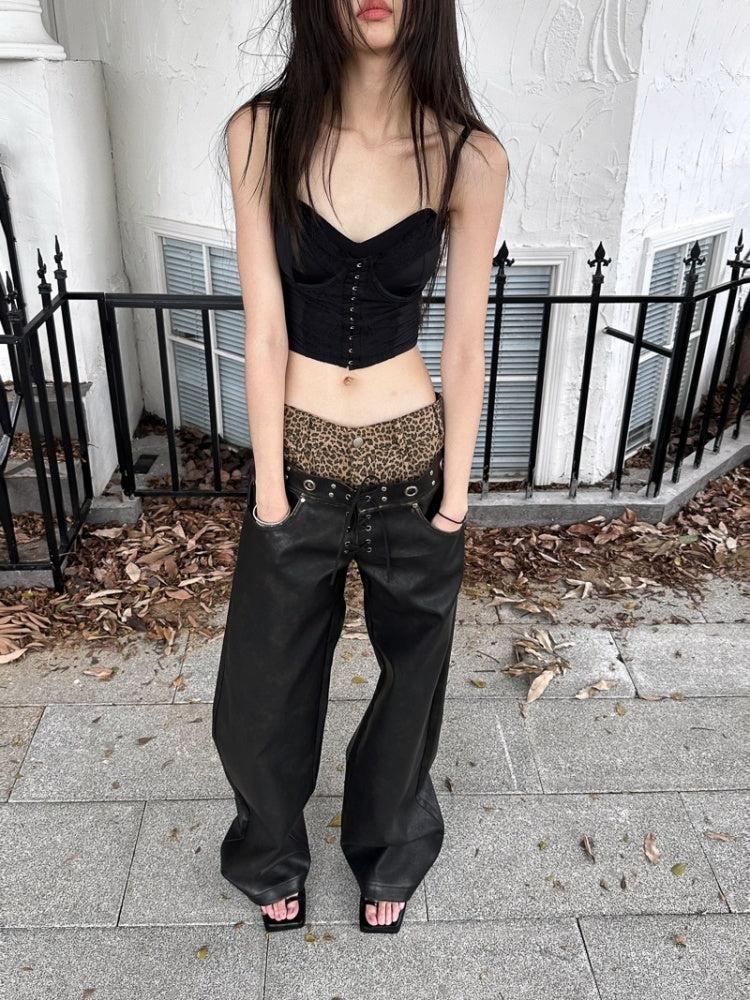 Leopard Pattern Splicing Leather Wide Pants【s0000004171】