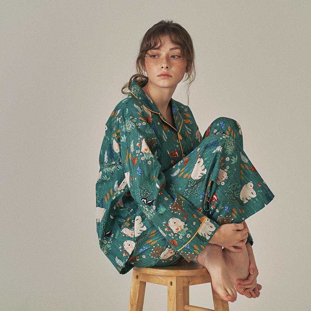 순면 그린포레스트 패턴 긴팔 세트 패밀리 잠옷