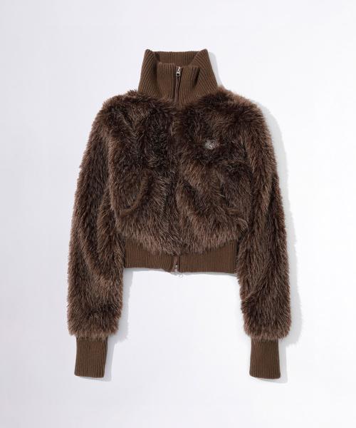 Faux Fur Zip-Up Jacket Brown