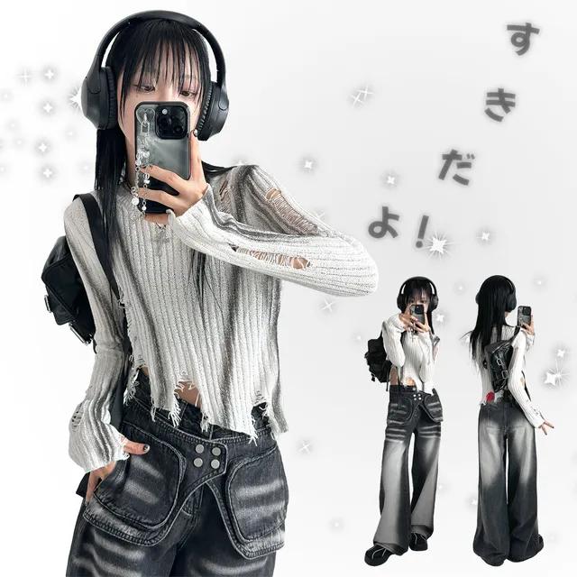 스프레이 라인 페인팅 키치 옷핀 사선 언발 데미지 부클 니트티셔츠