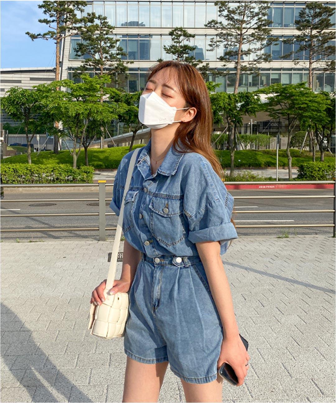 오드 여름 반팔 반바지 데님 점프수트