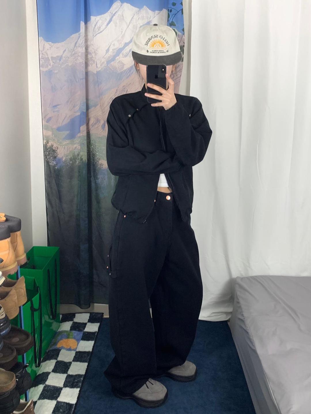 유데모닉 패치 스트랩 블랙 코튼 와이드 팬츠